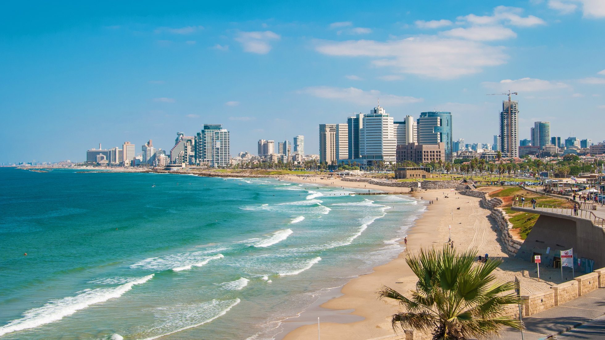 Plaża w Tel Avivie w Izraelu na tle nowoczesnego miasta.